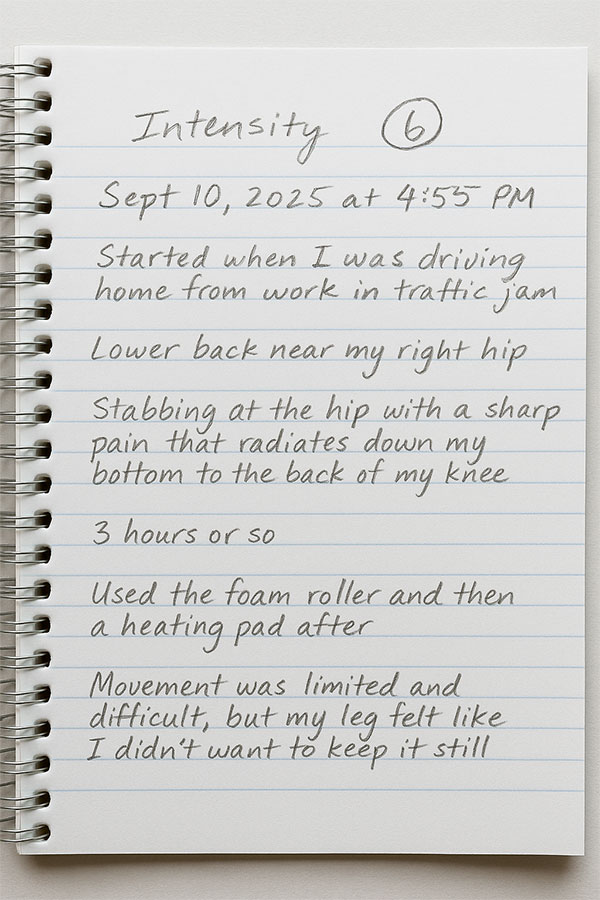 Example of a page from a pain journal someone is using to track their pain
